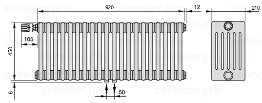 Схема (чертеж) Радиатор Zehnder Charleston 6045/20 №V007 Белый глянцевый RAL 9016